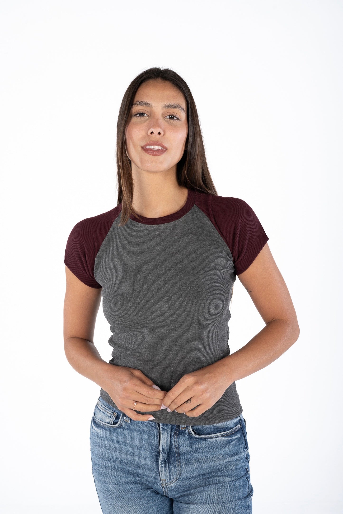 Burgundy x Grey Baseball Tee
