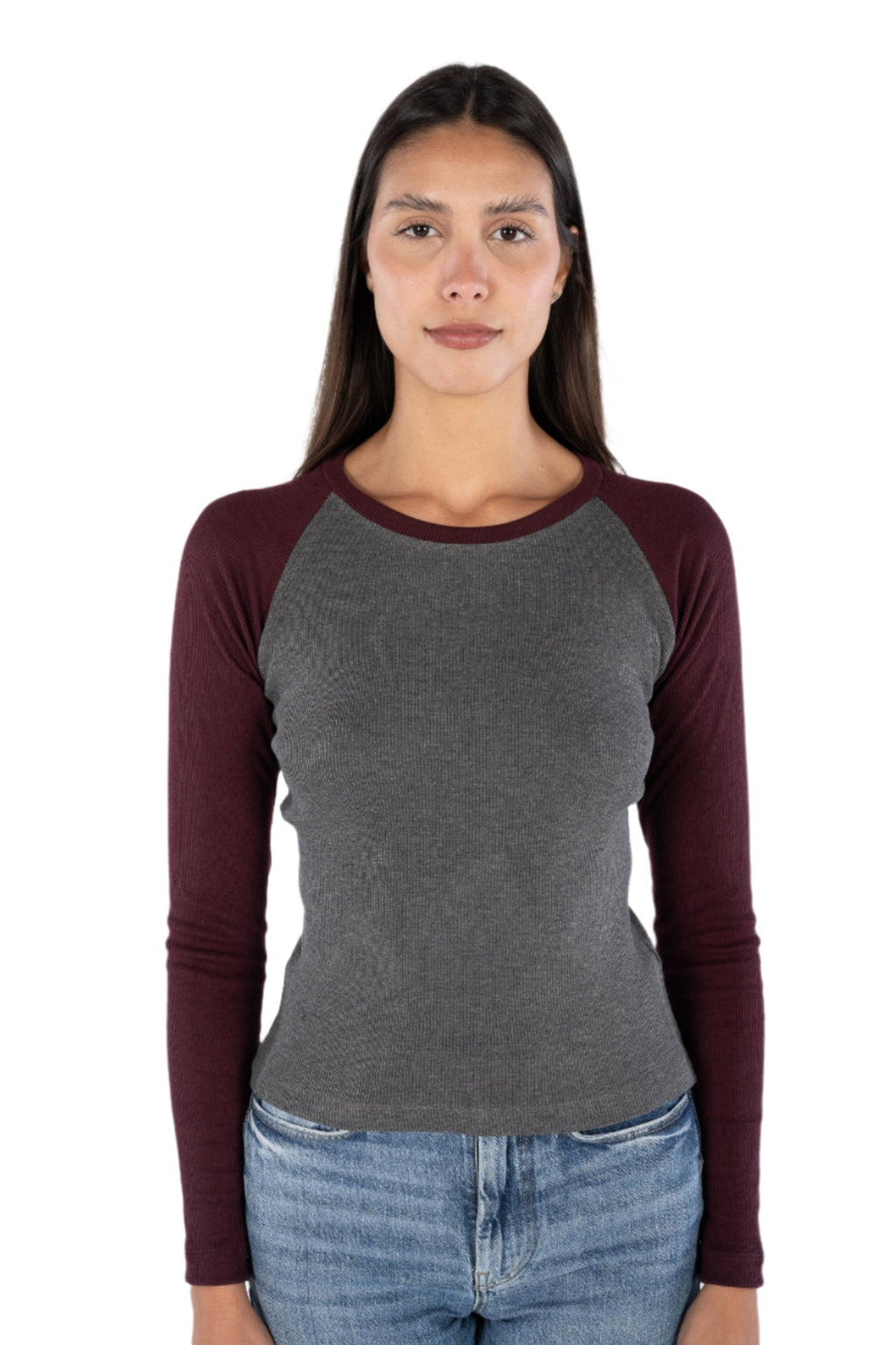 Burgundy x  Grey Baseball Long Sleeve