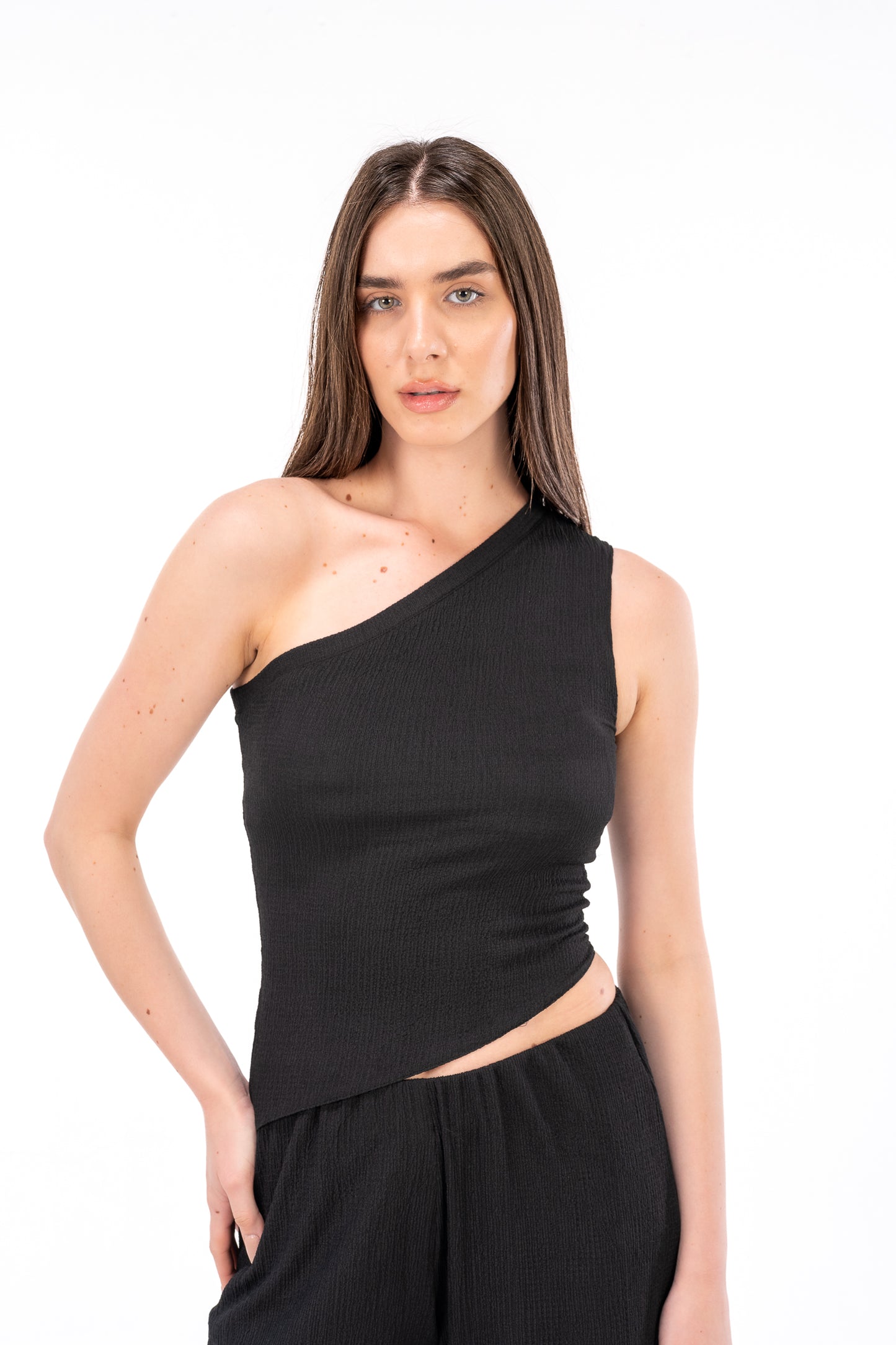 Scrunchy Black One Shoulder Top