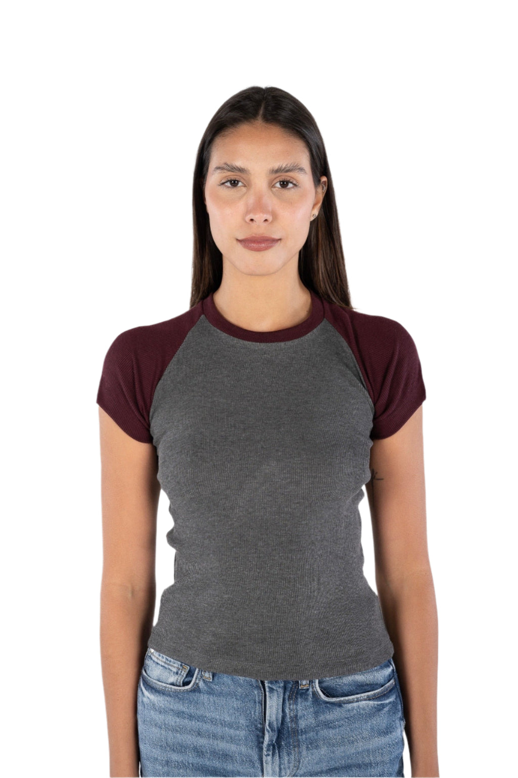 Burgundy x  Grey Baseball Tee