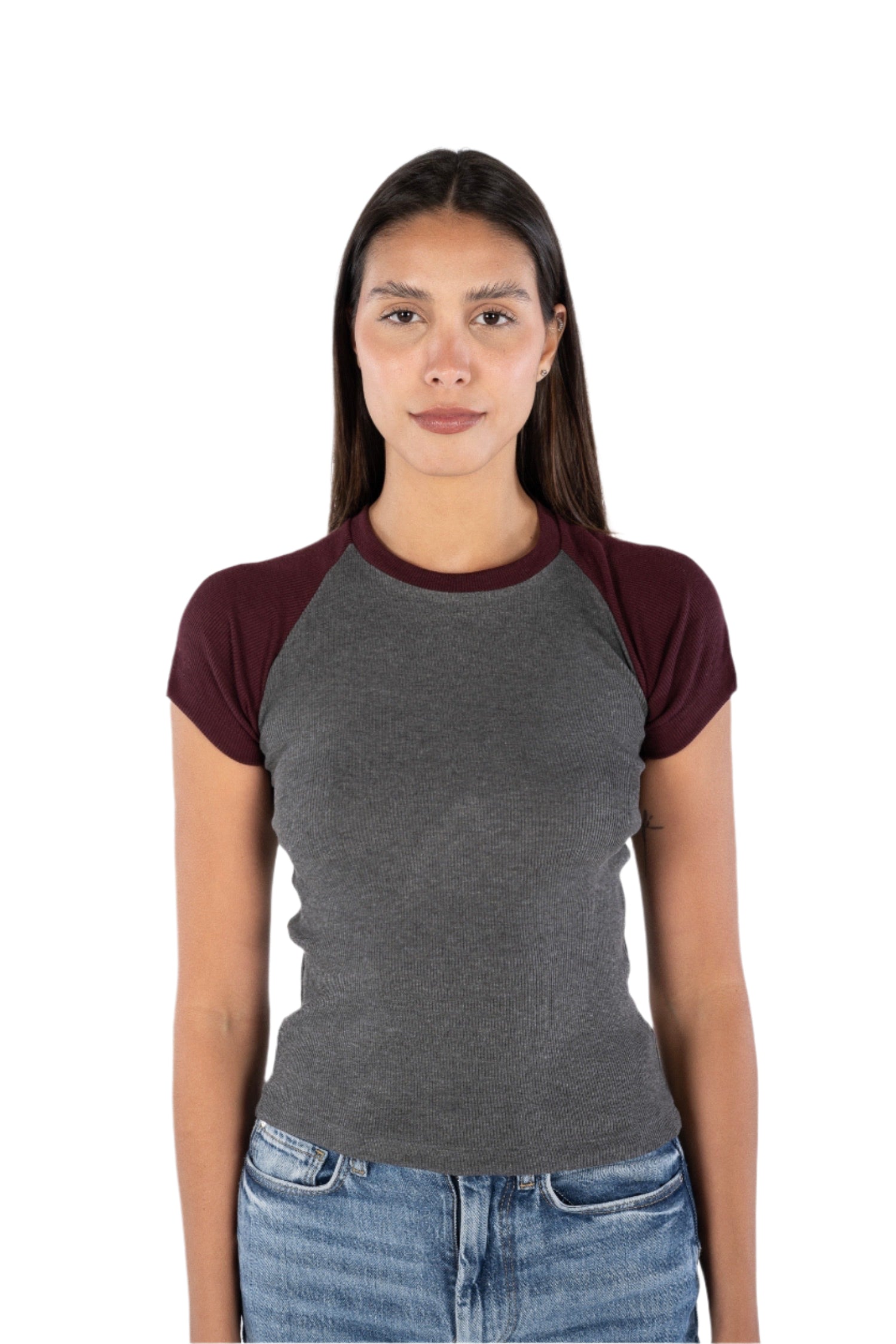 Burgundy x  Grey Baseball Tee