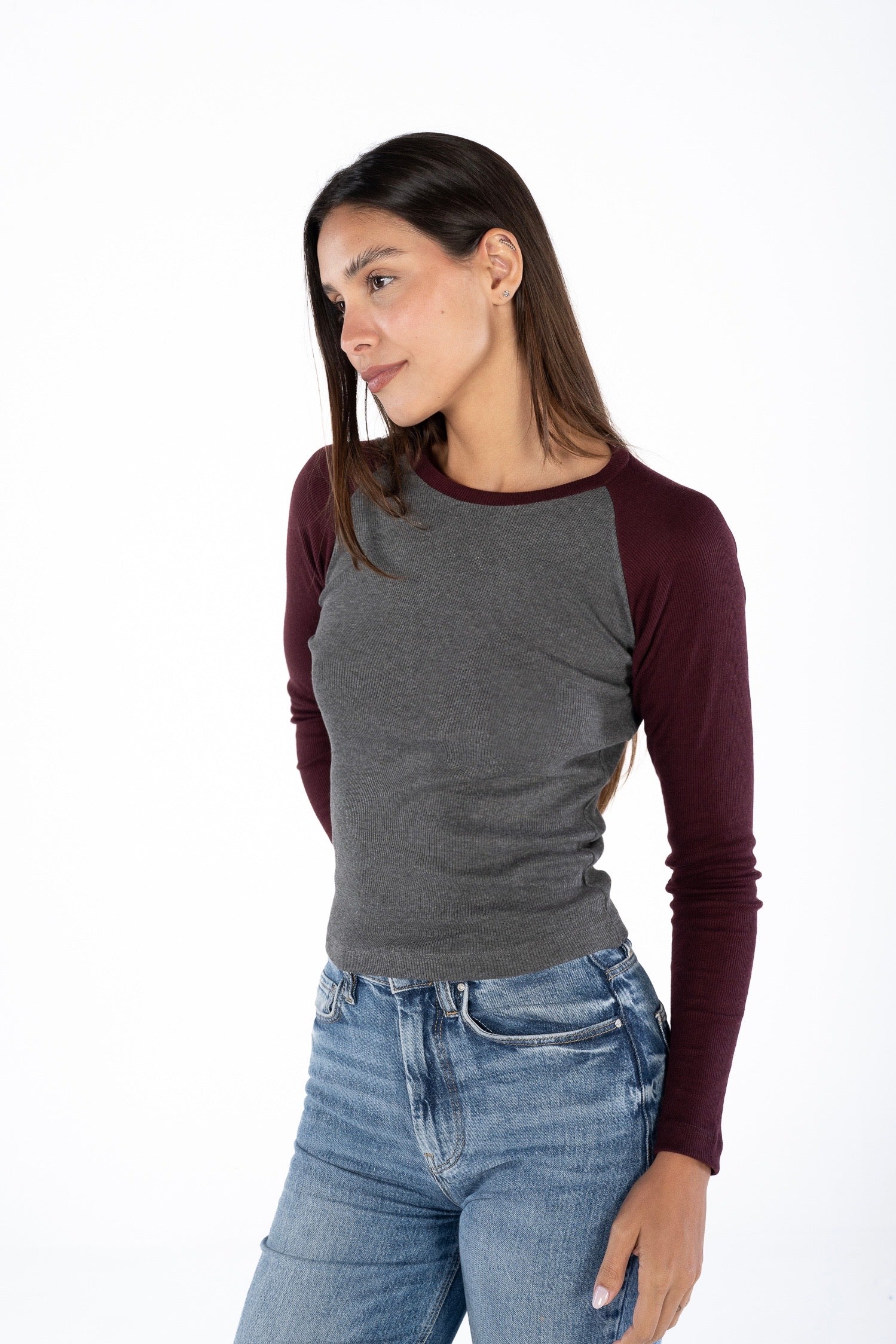 Burgundy x  Grey Baseball Long Sleeve
