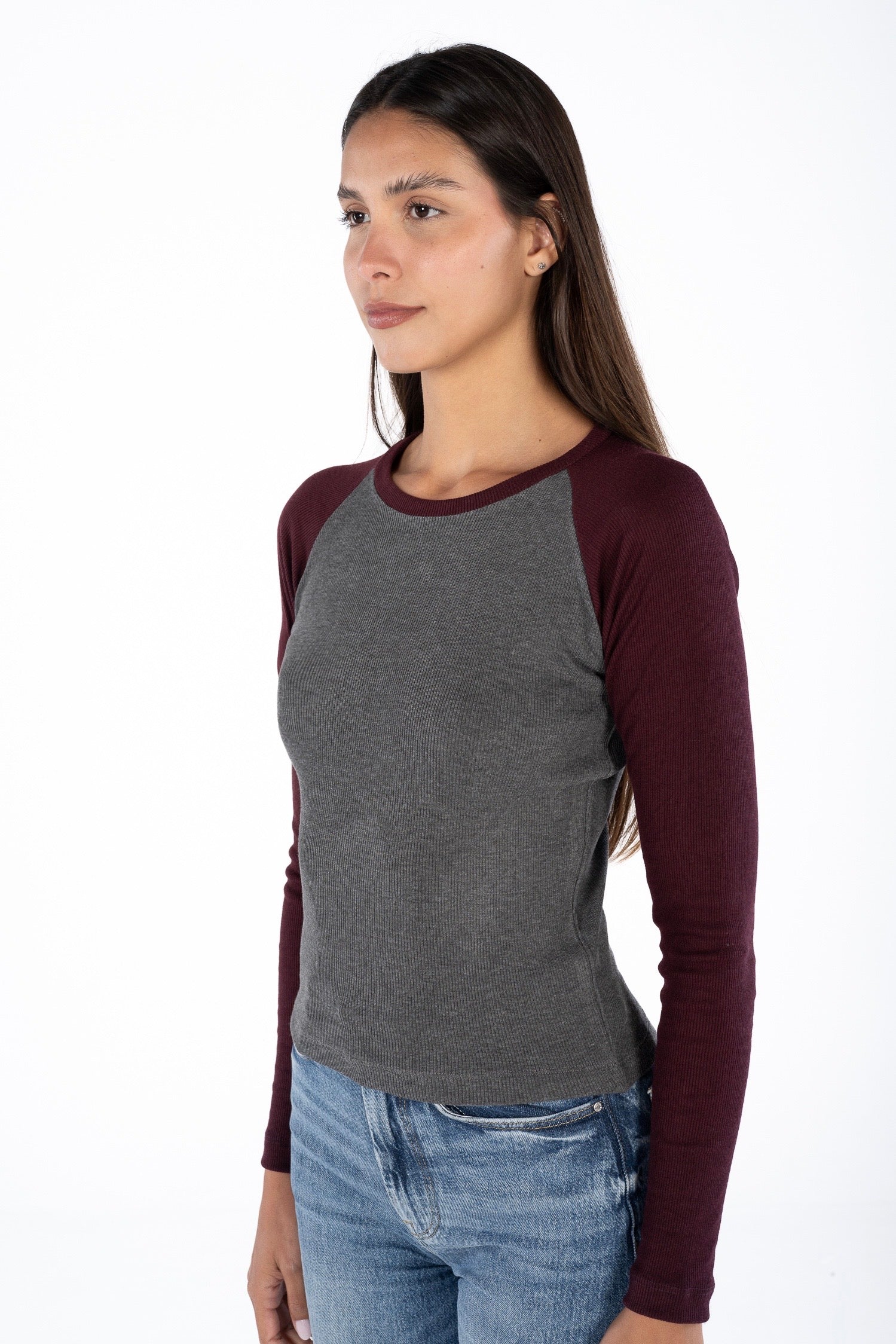 Burgundy x  Grey Baseball Long Sleeve